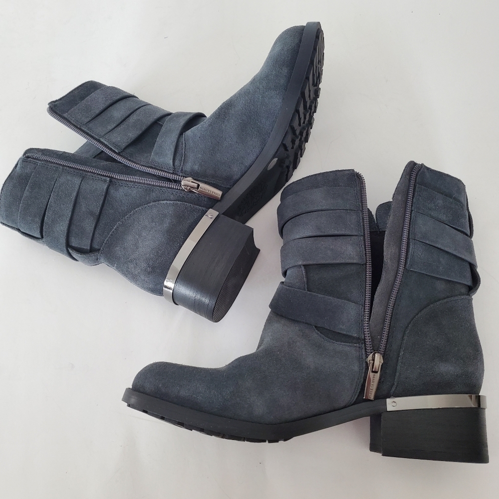 VINCE CAMUTO 7.5 WEBEY Dk Gray Suede Moto Boots Silver Buckle Strap Grunge Goth - Picture 15 of 16